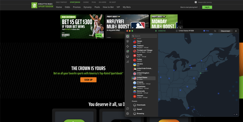 NordVPN bypasses DraftKings geo-restriction