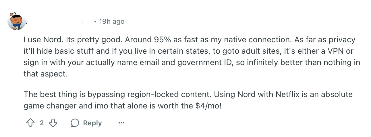 NordVPN review on Reddit