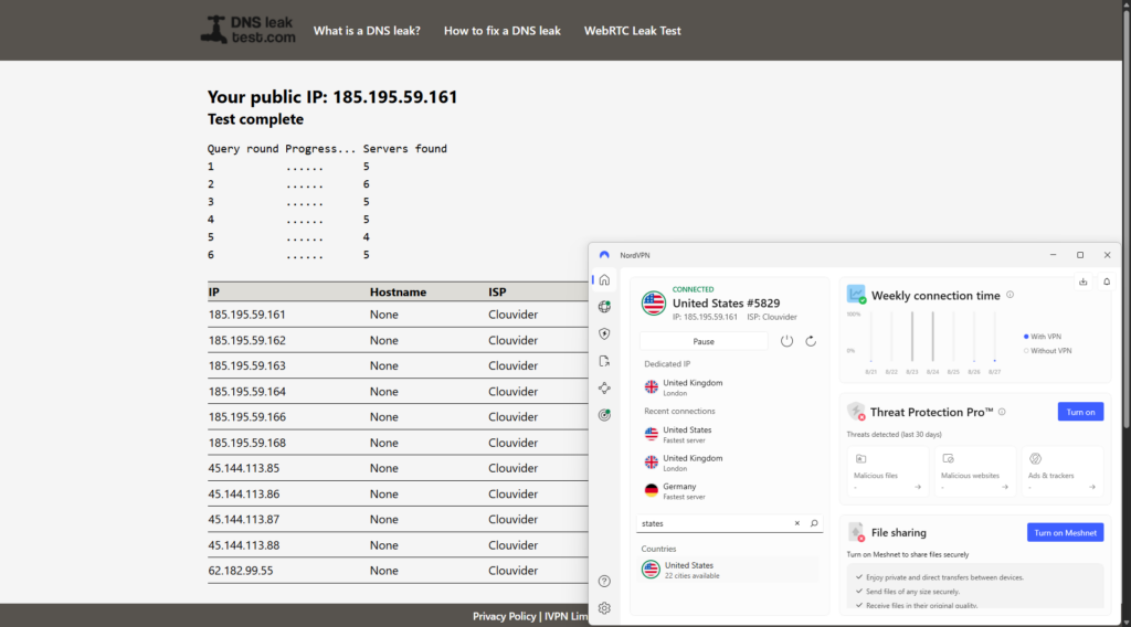 NordVPN app interface with DNS leak test results