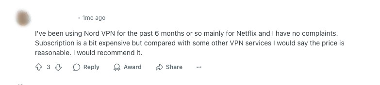 Nord VPN's review on Reddit