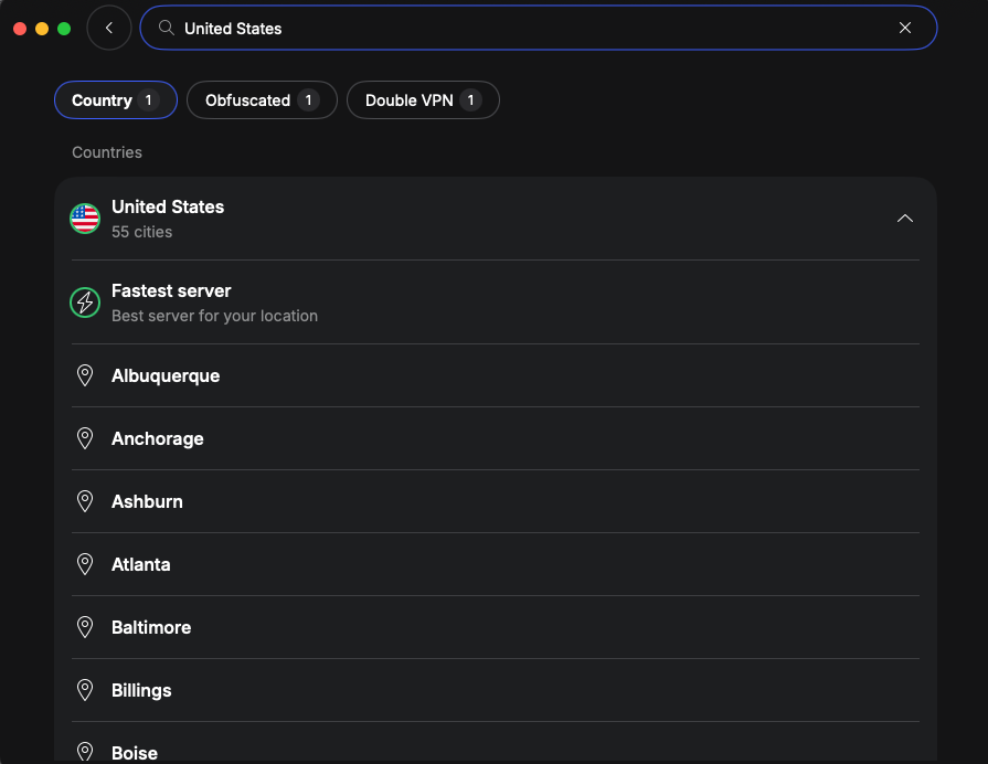 NordVPN US server list for connecting to a Robinhood-supported country