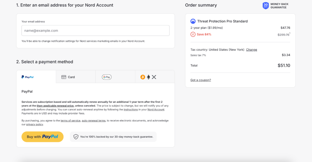 Nord Threat Protection order and payment page