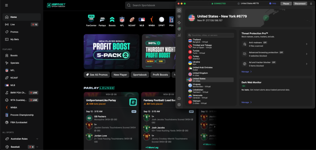 ESPN BET unblocked with NordVPN