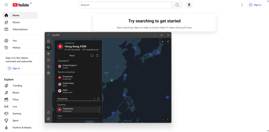 NordVPN accesses YouTube via Hong Kong server