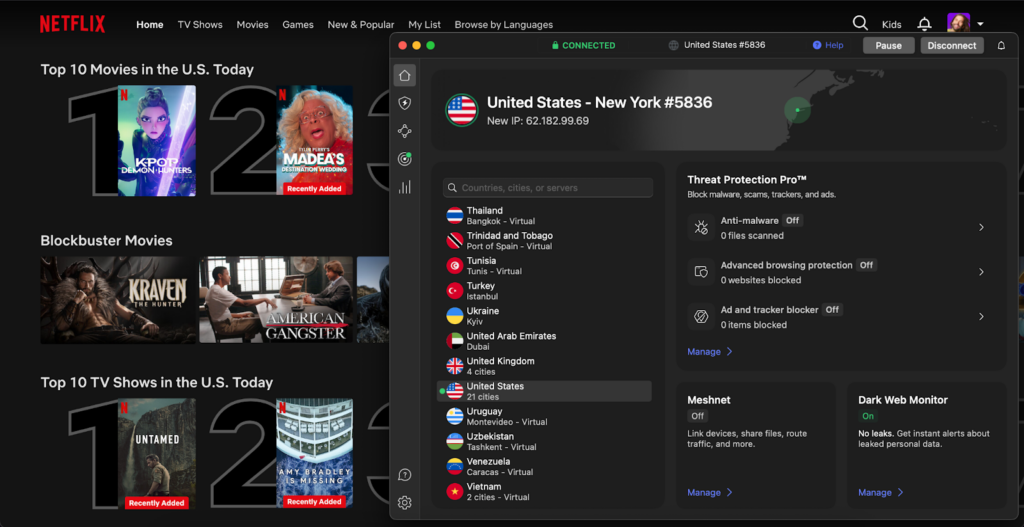 NordVPN accesses US Netflix via New York server