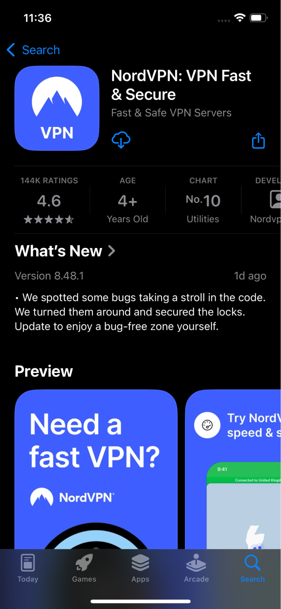 NordVPN app on App Store
