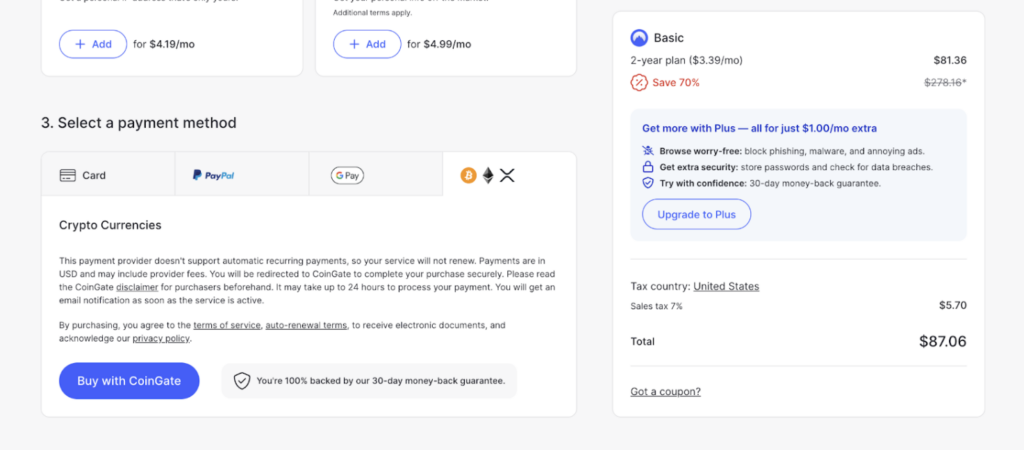 Buy NordVPN with crypto by clicking on Buy with Coingate