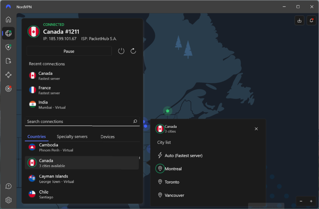 NordVPN connected to Canada server