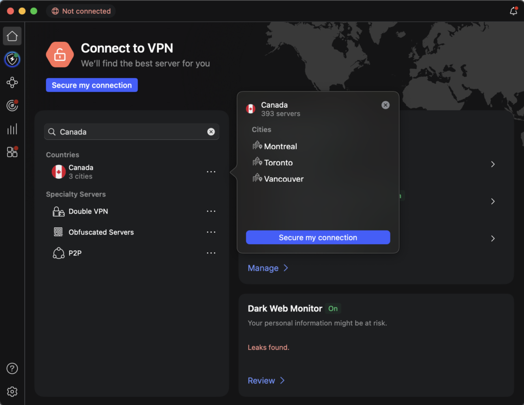 NordVPN offers 360+ servers in Canada