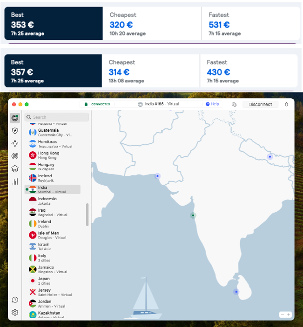 Flight prices without and with NordVPN's India server