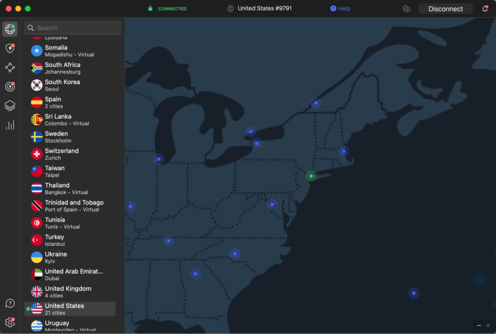 NordVPN connected to a New York VPN server to unblock porn in South Dakota
