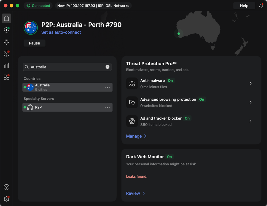 NordVPN connected to an Australian VPN server in Perth