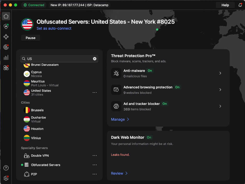 NordVPN connected to an obfuscated US server