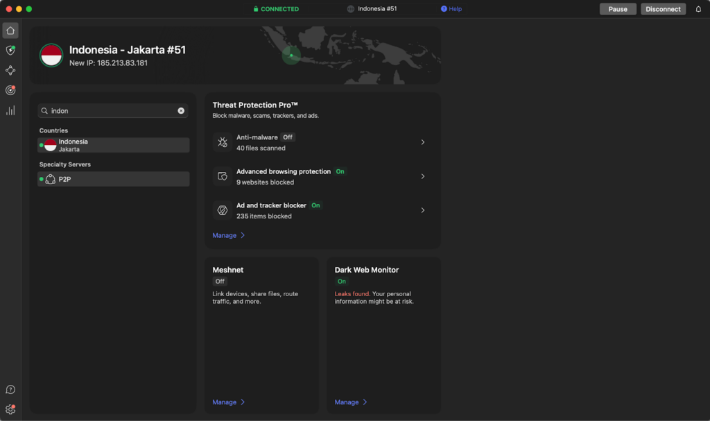 NordVPN connected to a VPN server in Indonesia
