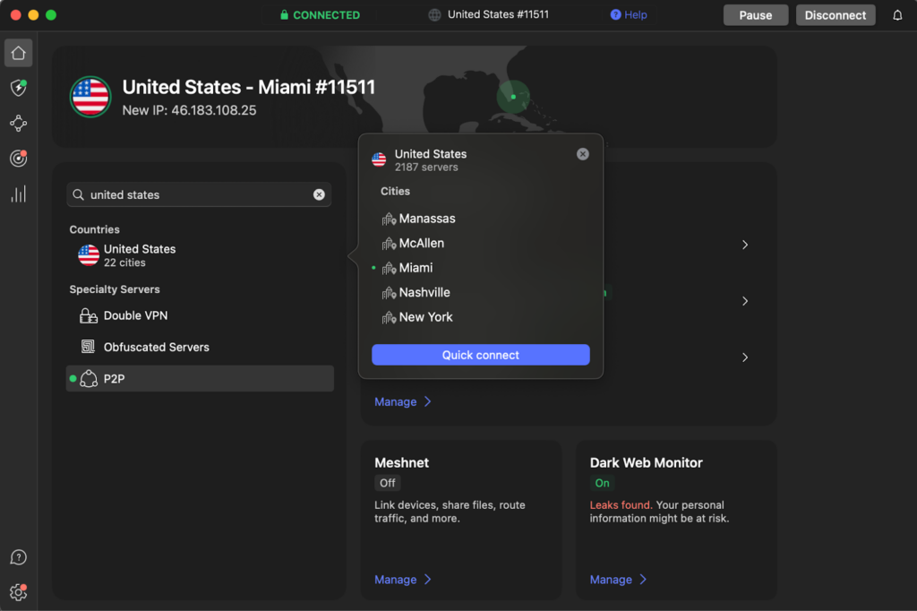 Connecting to a NordVPN server in Miami for Hard Rock Bet