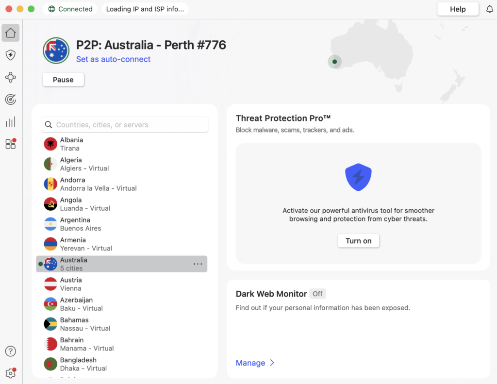 NordVPN connected to Australia