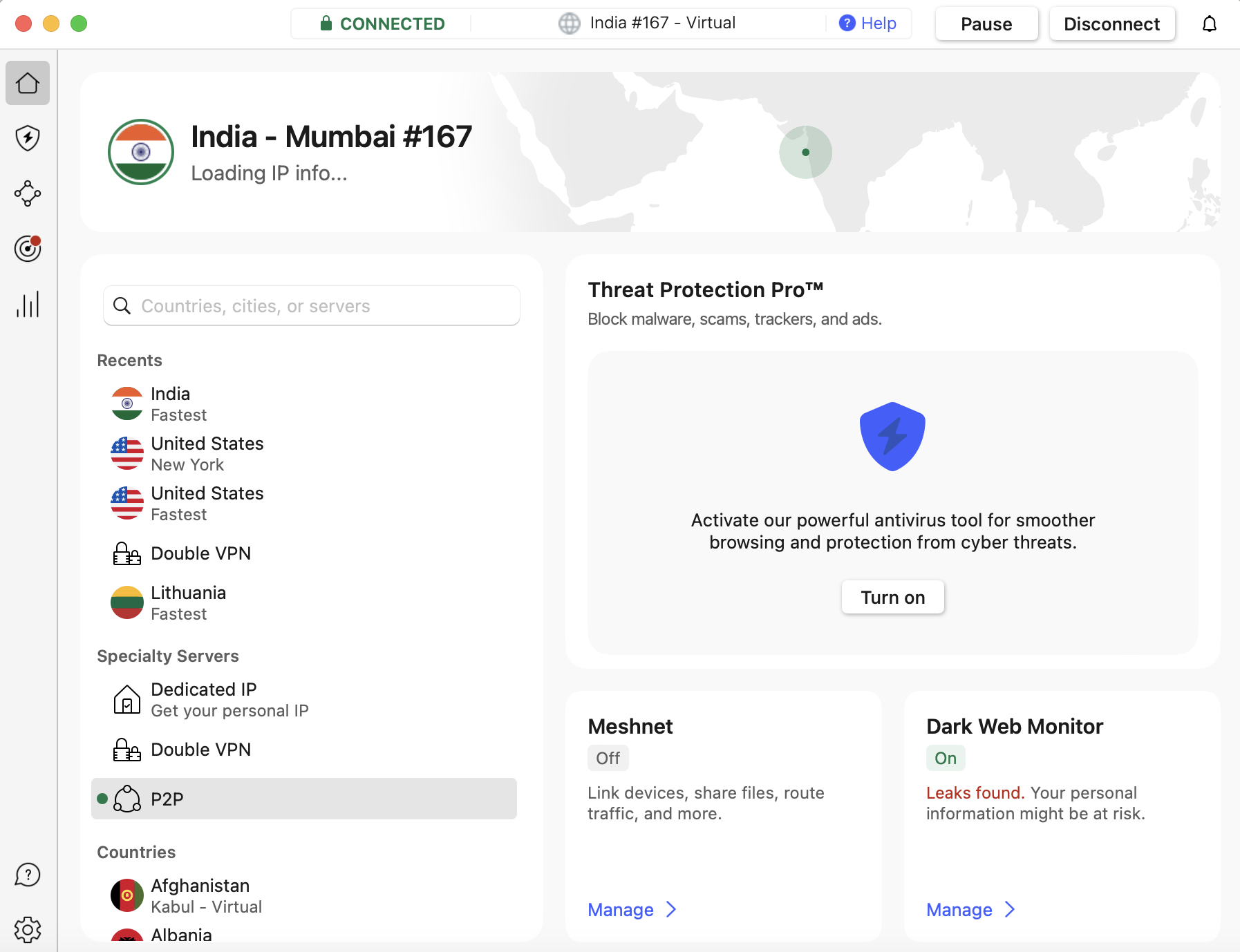 NordVPN connected to India