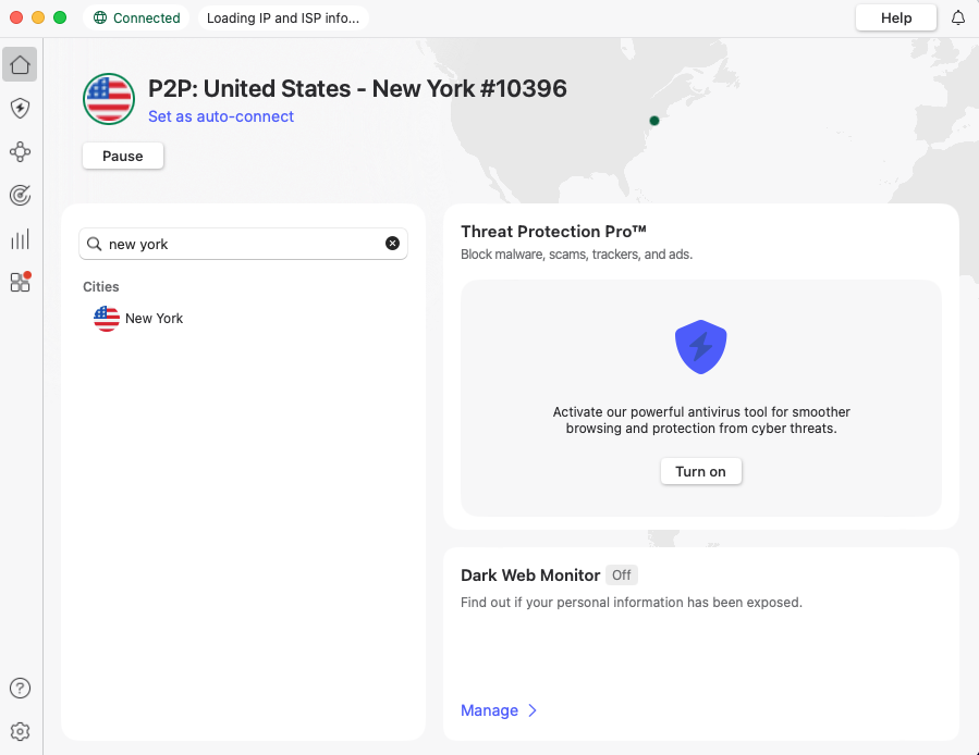 NordVPN connected to NY