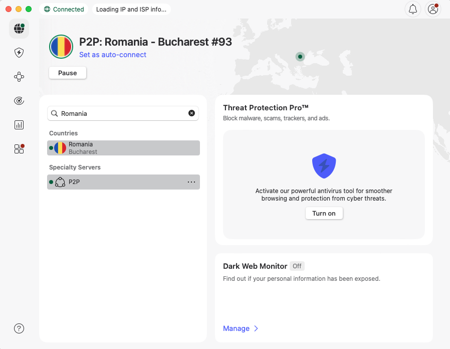 NordVPN connected to Romania