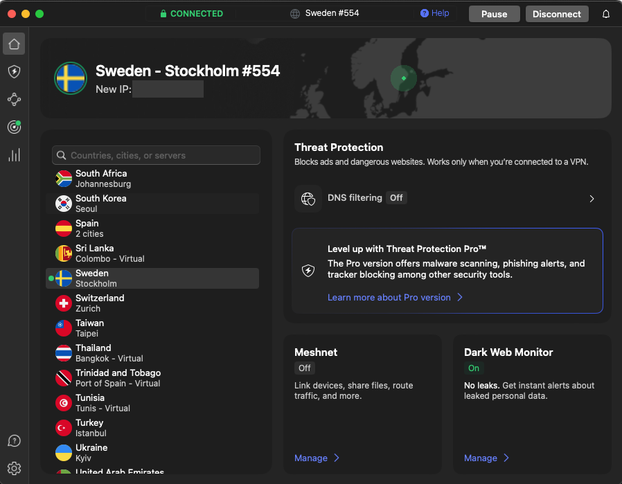 NordVPN connected to Sweden