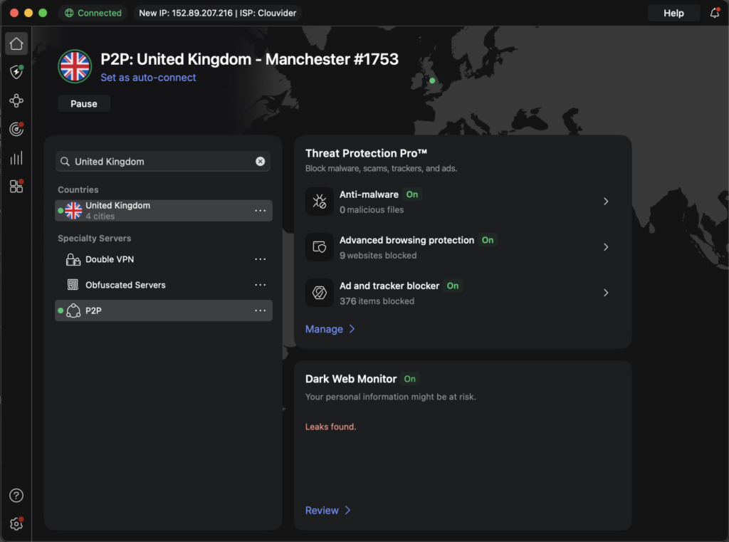 NordVPN connected to a UK VPN server