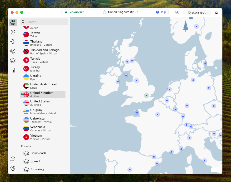 NordVPN connected to the UK server
