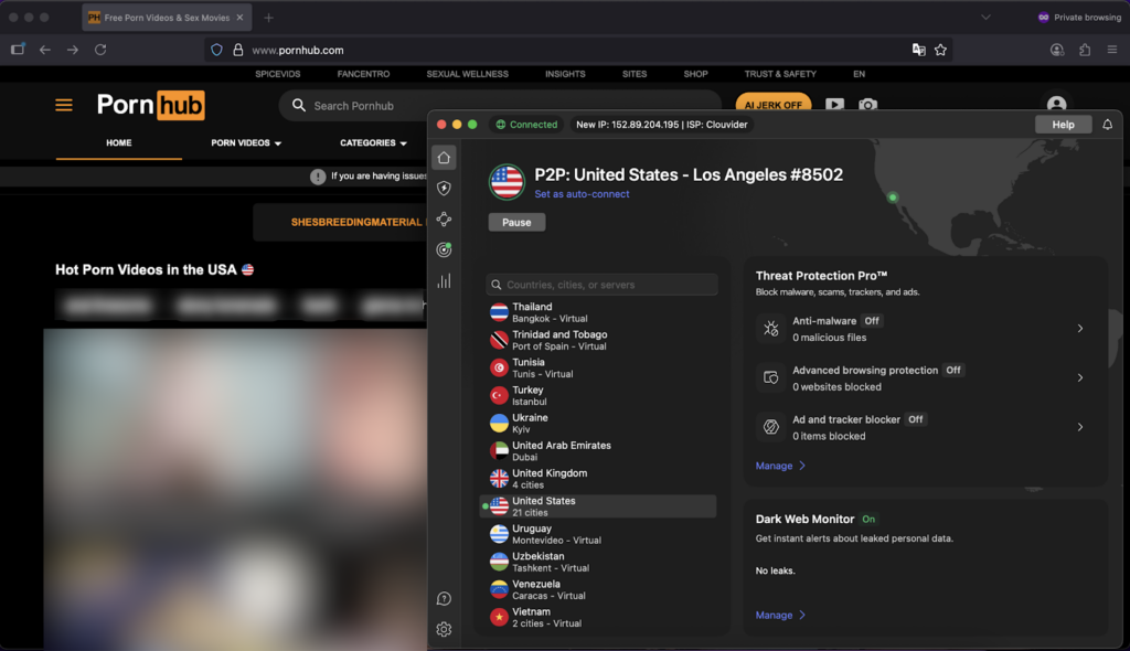 NordVPN unblocking PornHub in the US using an LA server