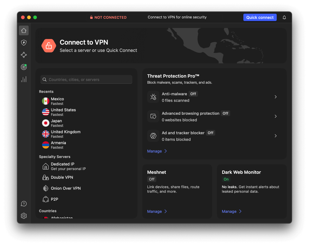 NordVPN's dashboard with server options displayed on the left