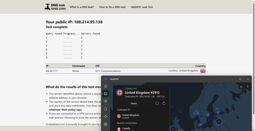 NordVPN DNS leak test