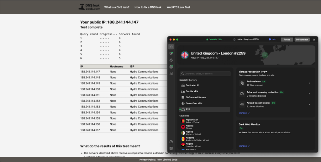 NordVPN DNS leak test results