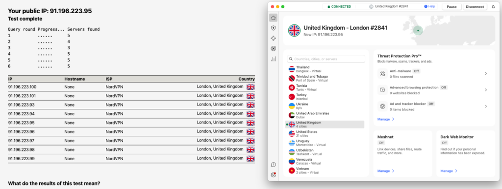 NordVPN DNS leak test results for secure torrenting