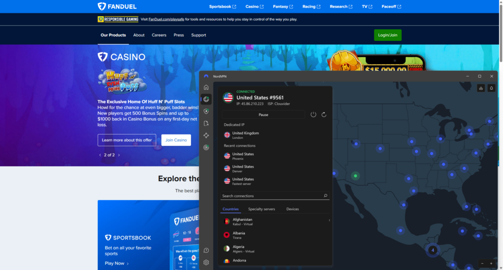 NordVPN is the best VPN for FanDuel Sportsbook, Casino, and Fantasy Sports