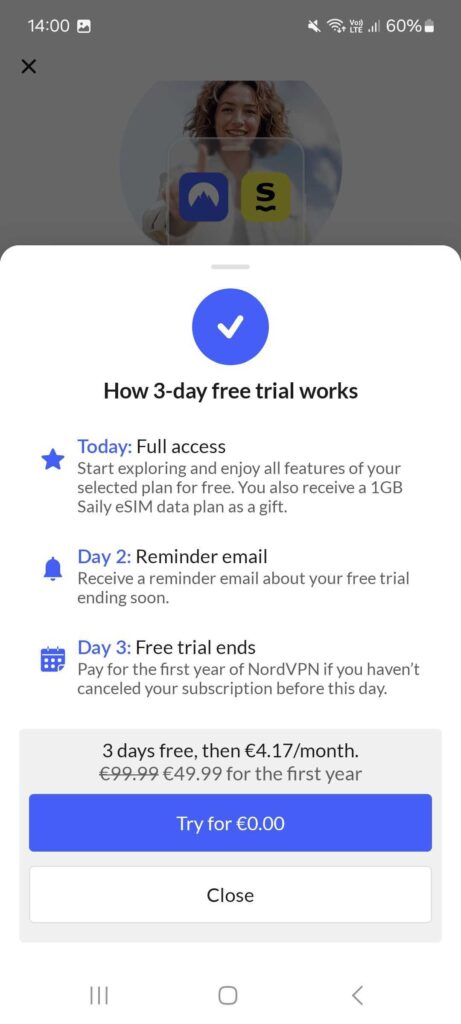 NordVPN’s 3-day trial activates with account creation and works on other devices after Android setup