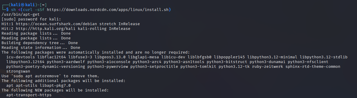 NordVPN installation Linux commands in terminal