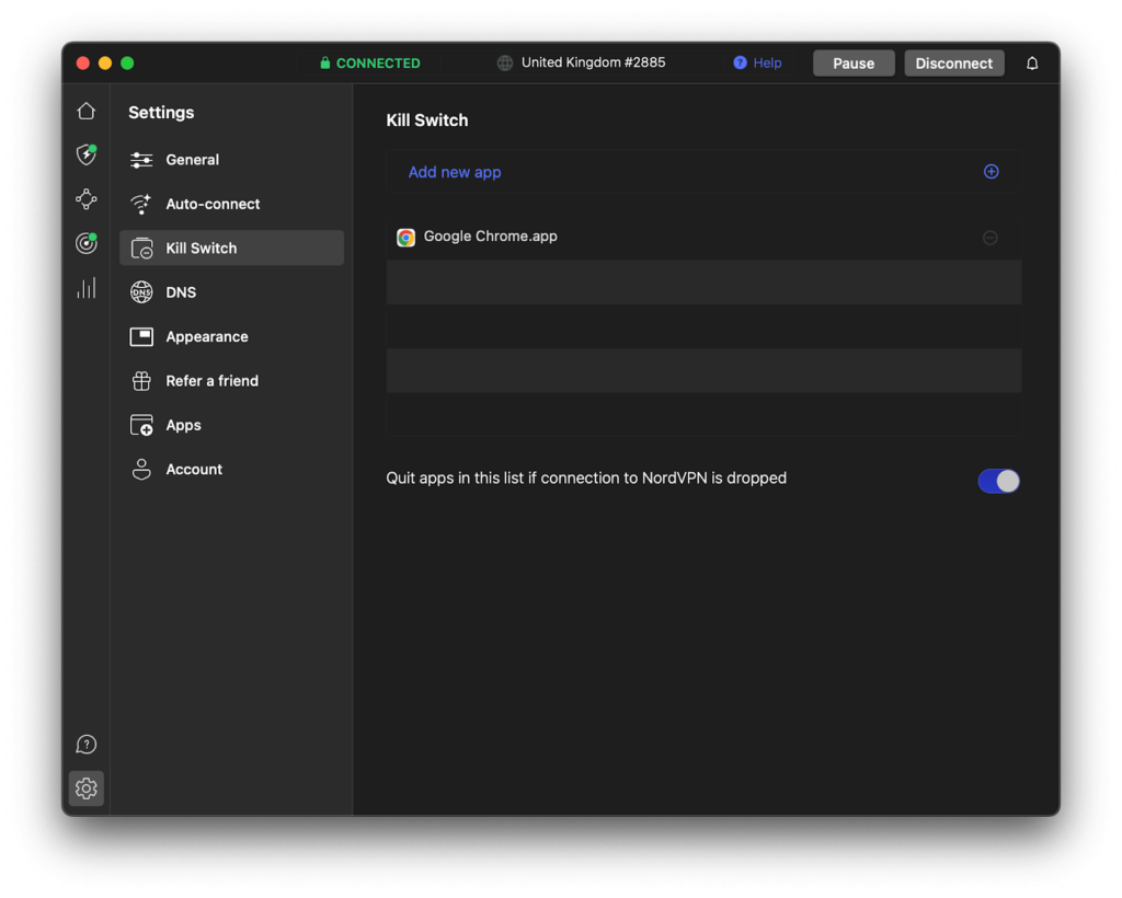 NordVPN's kill switch settings