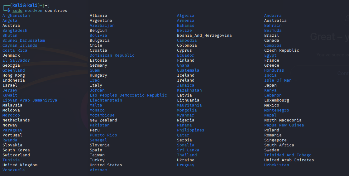 NordVPN server location selection command in Linux
