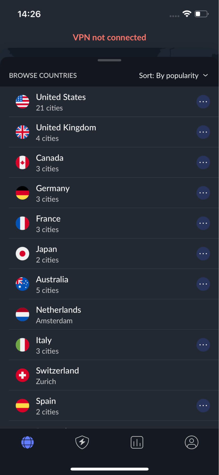 NordVPN iOS locations list selection