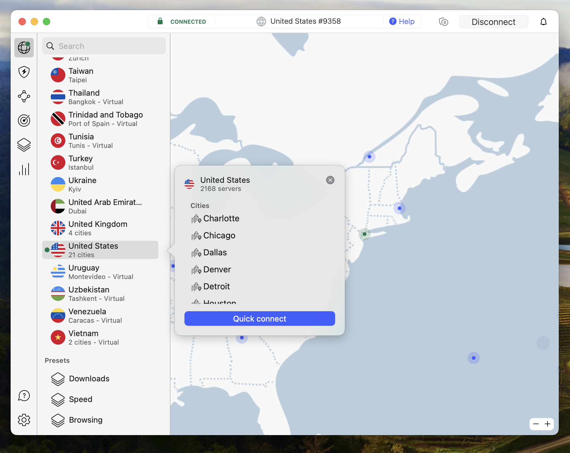 NordVPN server selection on Map
