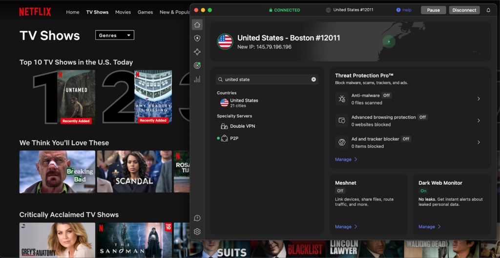 NordVPN accesses Netflix via Boston server