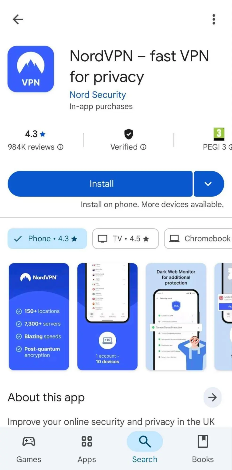 NordVPN app on Play Store