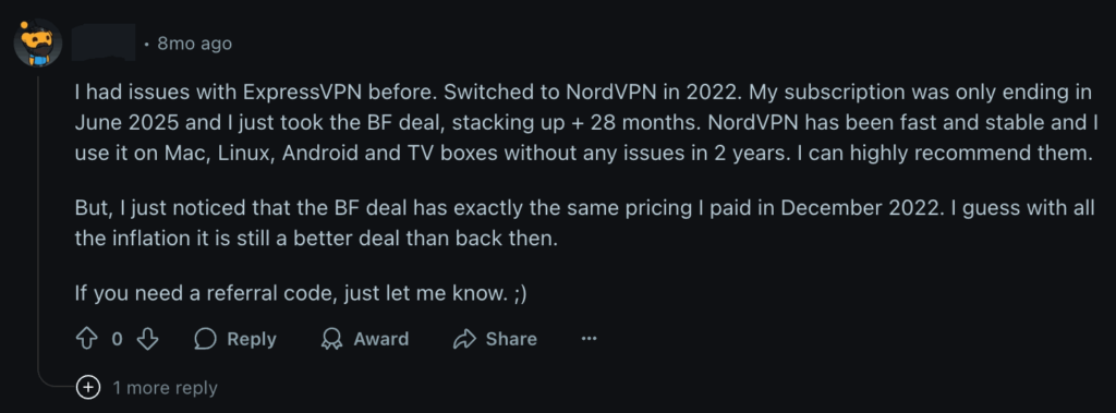 Reddit user agrees NordVPN is fast and stable