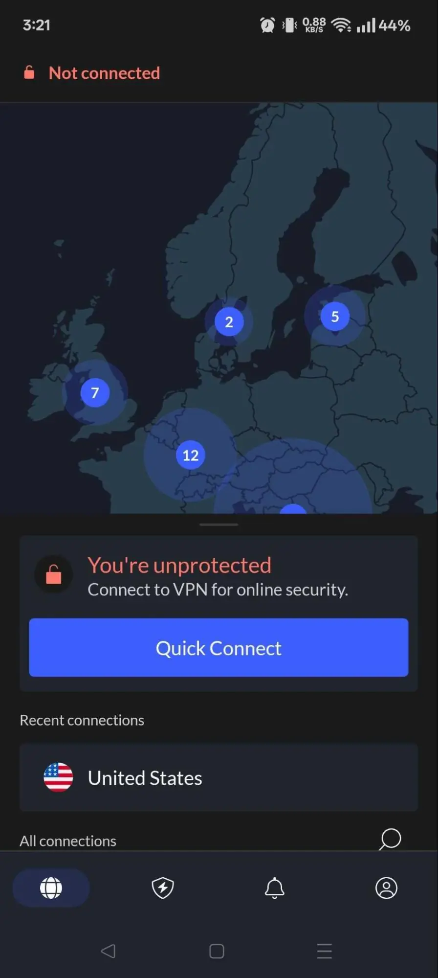 NordVPN quick connect feature on Android