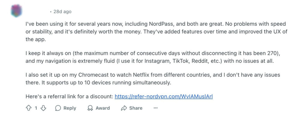 NordVPN review on Reddit