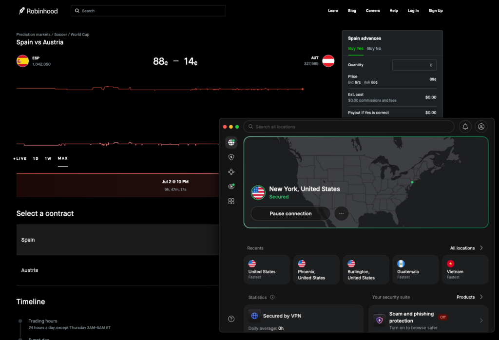 NordVPN connected to a New York server while accessing Robinhood