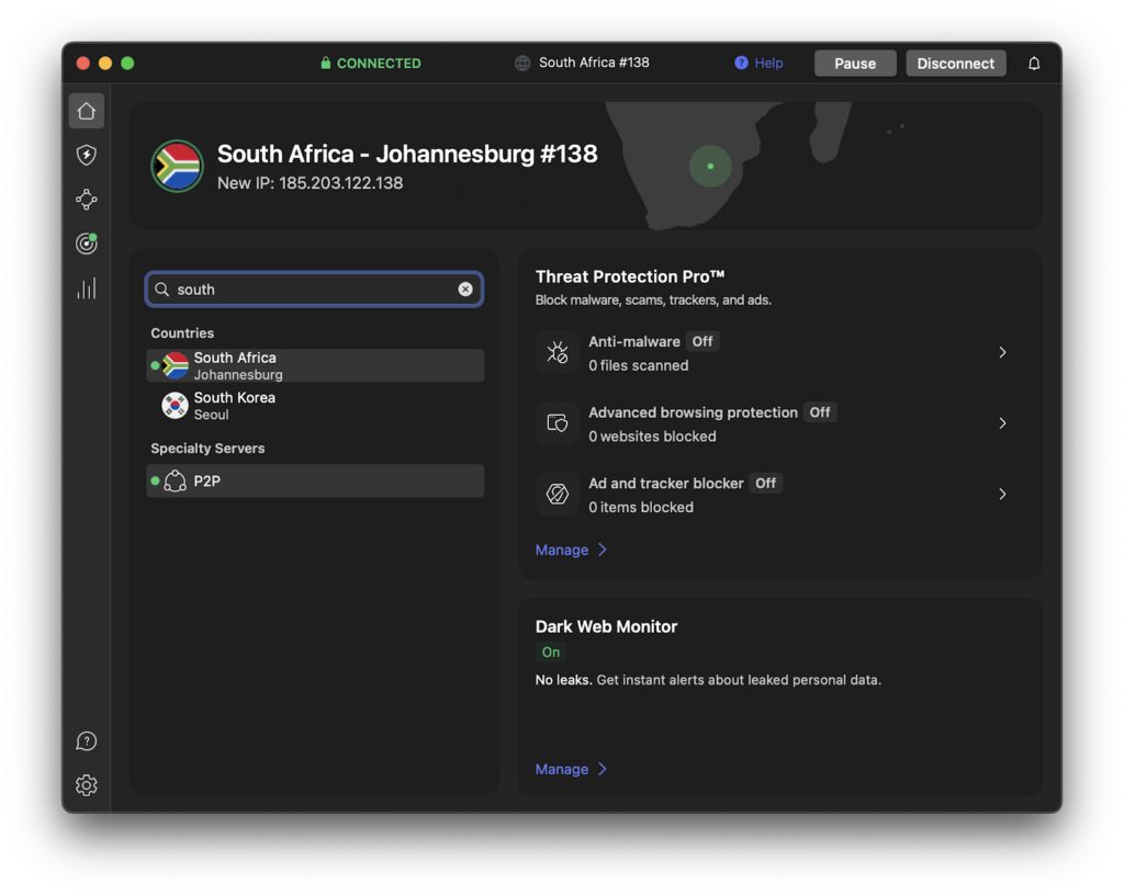 NordVPN's South Africa servers
