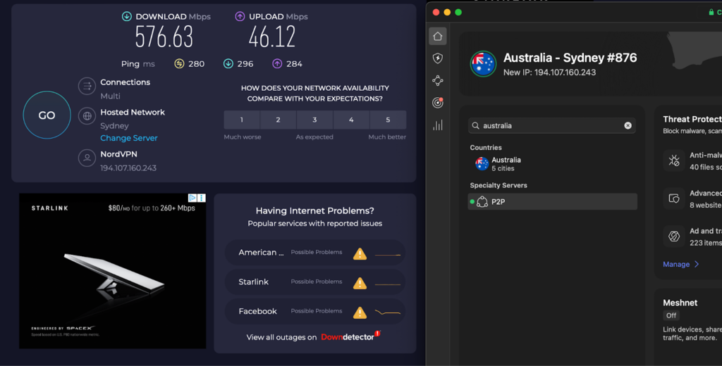 My NordVPN speeds when streaming Australian Survivor