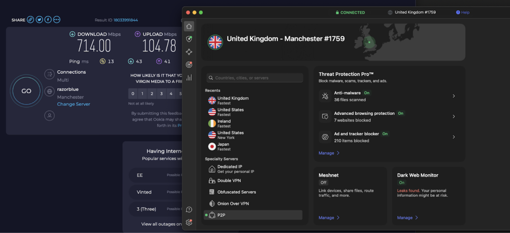 My download speeds while connected to NordVPN's UK VPN server in Manchester