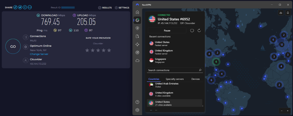 NordVPN's speeds connected to a US VPN server using NordLynx protocol
