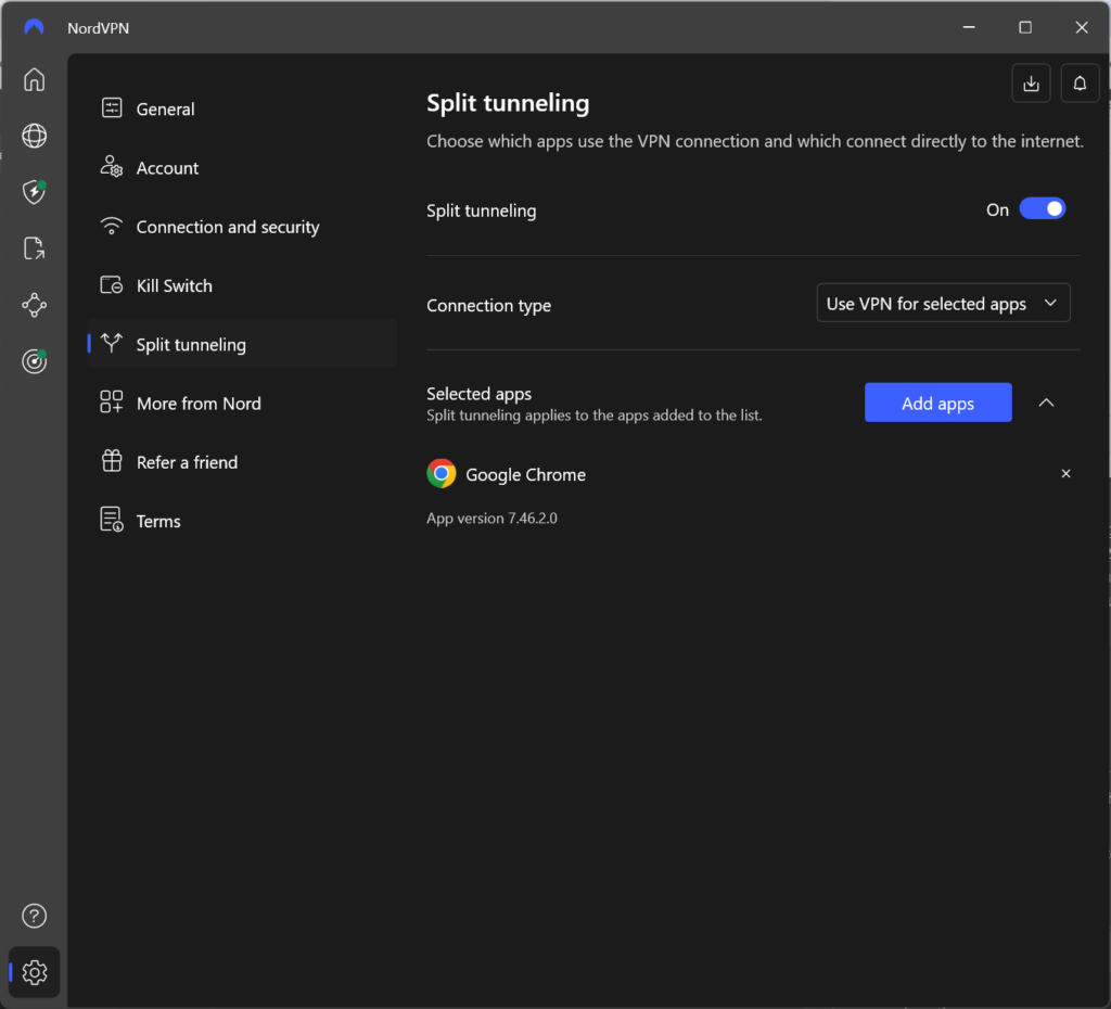 NordVPN split tunneling setting