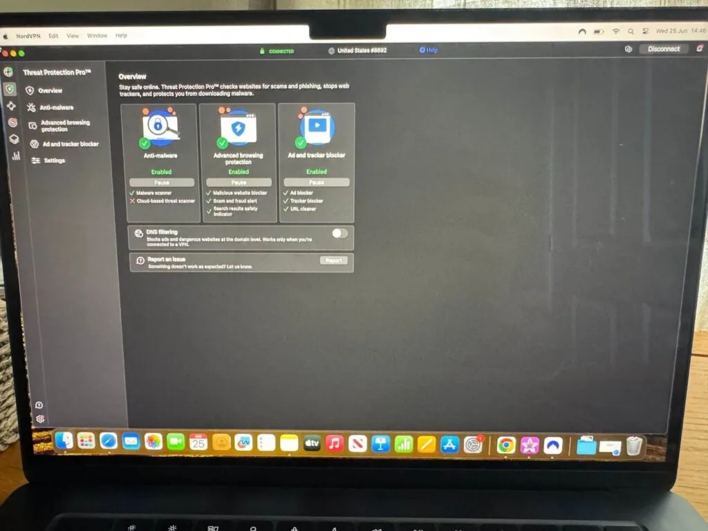 NordVPN's Threat Protection feature fully enabled for device security